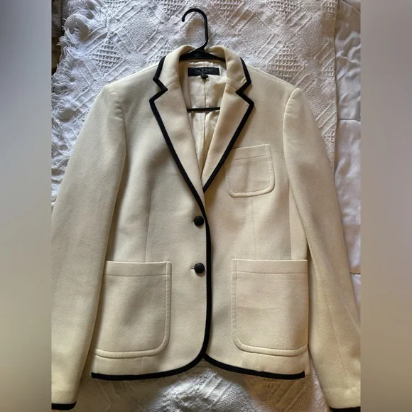 rag & bone Nancie Pique Blazer Size 4 in Marshmallow White w/ Black Trim - Picture 2 of 6